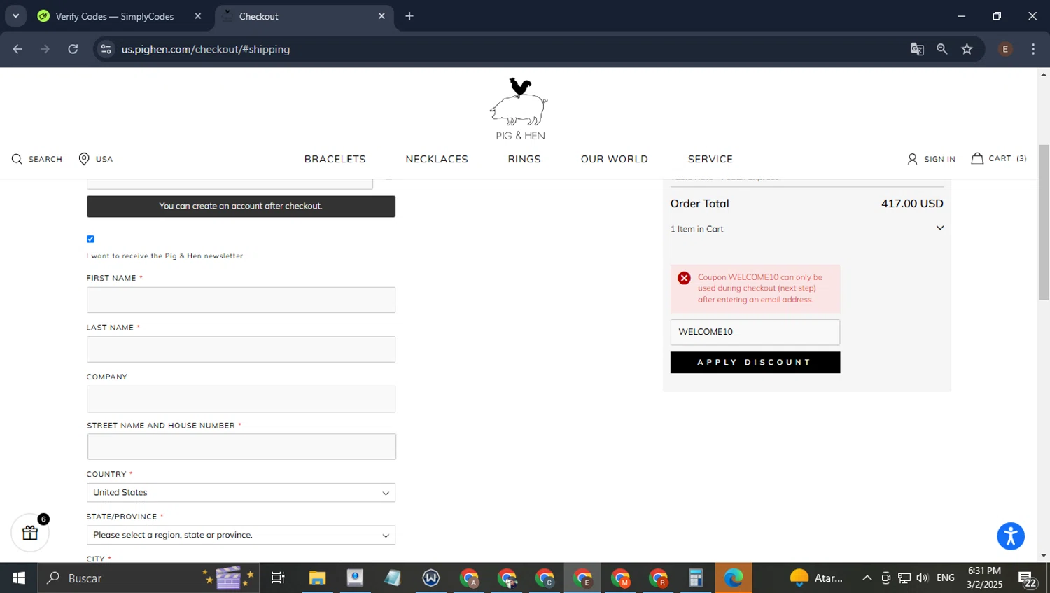 Pig & Hen US promo code screenshot showing code WELCOME10 applied at Pig & Hen US checkout page. Uploaded by SimplyCodes community member WonderPilot3689 on Mar 2, 2025