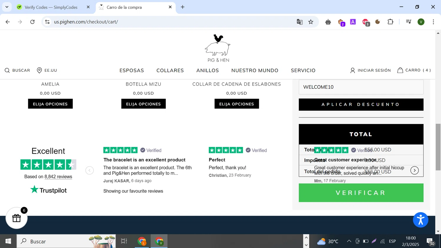 Pig & Hen US promo code screenshot showing code WELCOME10 applied at Pig & Hen US checkout page. Uploaded by SimplyCodes community member SilverCollector8265 on Mar 2, 2025