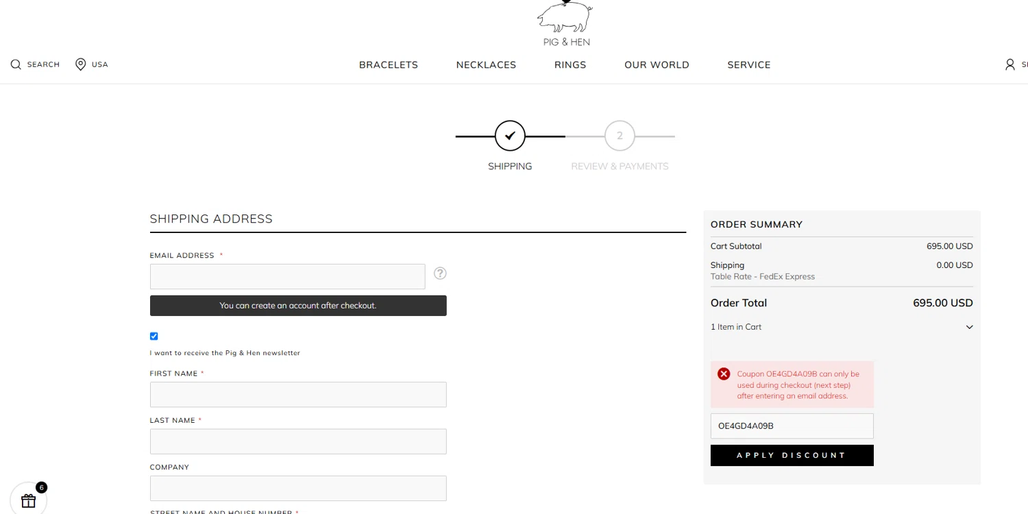 Pig & Hen US promo code screenshot showing code OE4GD4A09B applied at Pig & Hen US checkout page. Uploaded by SimplyCodes community member D_9278 on Mar 17, 2025