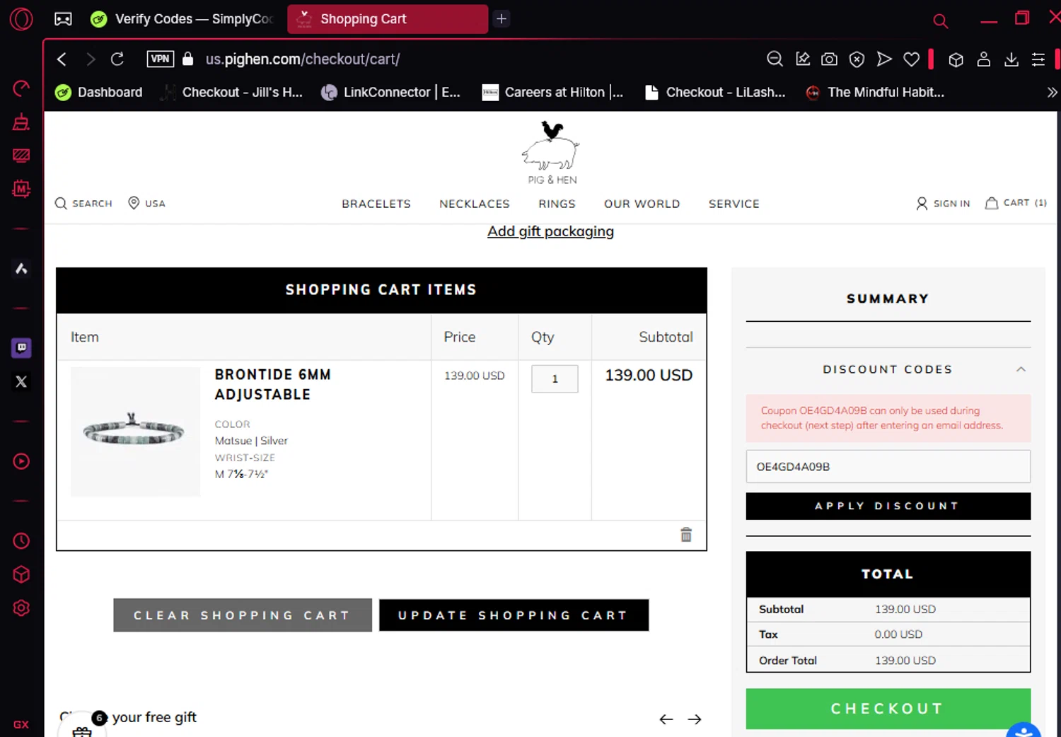 Pig & Hen US promo code screenshot showing code OE4GD4A09B applied at Pig & Hen US checkout page. Uploaded by SimplyCodes community member lyffytaro on Mar 17, 2025