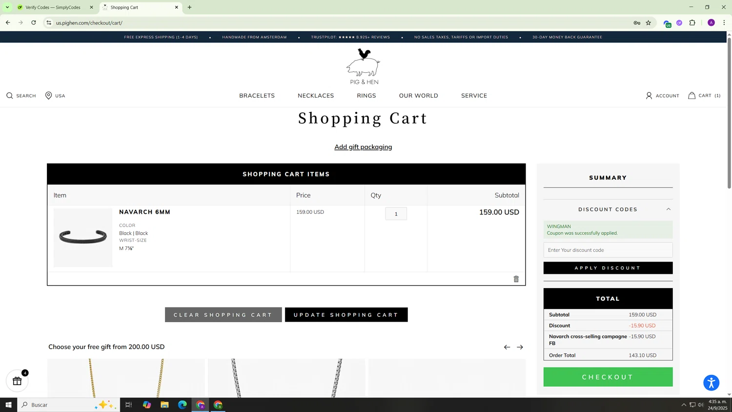 Pig & Hen US promo code screenshot showing code WINGMAN applied at Pig & Hen US checkout page. Uploaded by SimplyCodes community member Hasta_El_Final on Sep 24, 2025