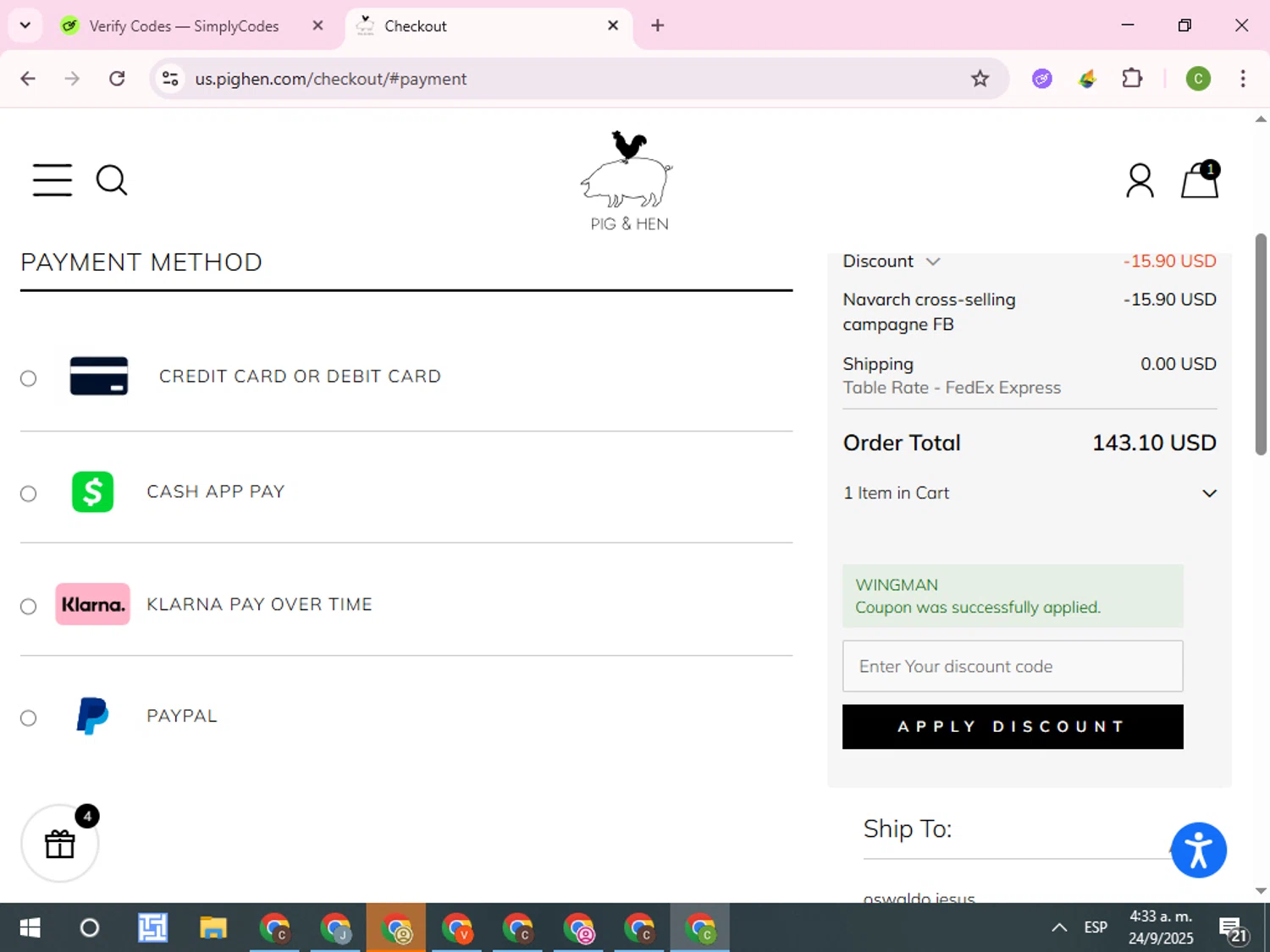 Pig & Hen US promo code screenshot showing code WINGMAN applied at Pig & Hen US checkout page. Uploaded by SimplyCodes community member RoyalKnight4673 on Sep 24, 2025