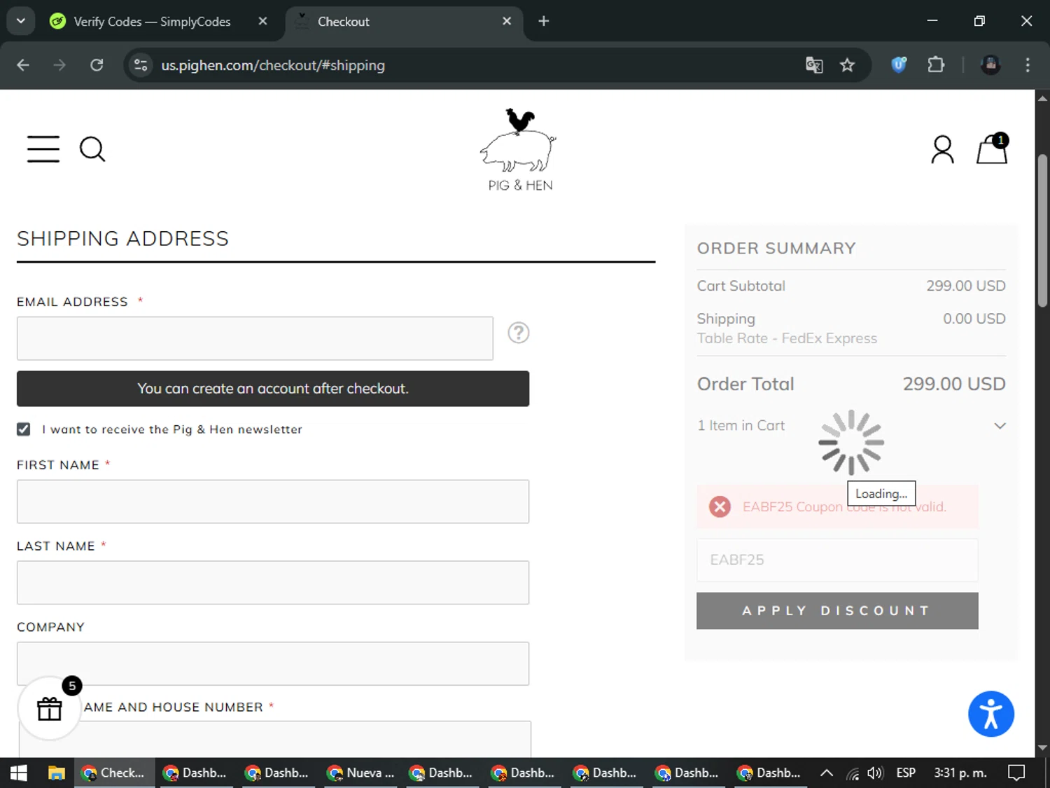 Pig & Hen US promo code screenshot showing code EABF25 applied at Pig & Hen US checkout page. Uploaded by SimplyCodes community member ValueElite5945 on Dec 10, 2025