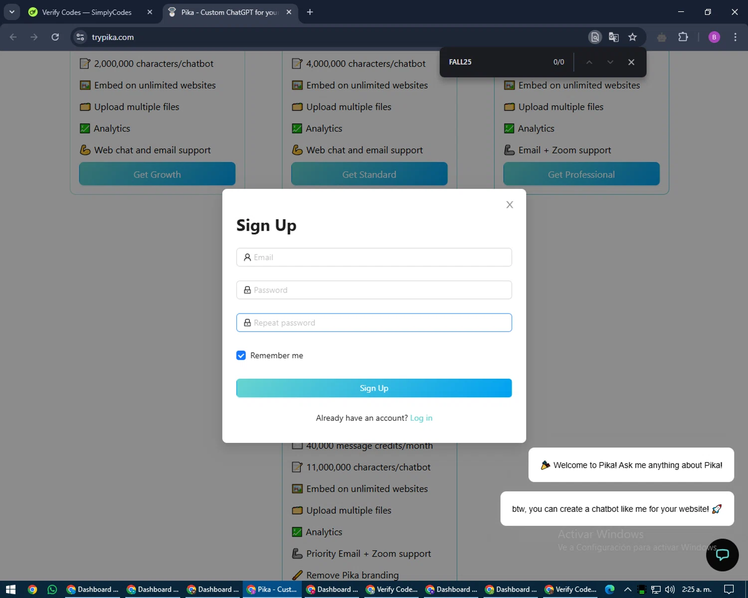 Pika AI promo code screenshot showing code FALL25 applied at Pika AI checkout page. Uploaded by SimplyCodes community member travisscott on Feb 27, 2025