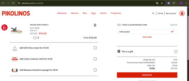 Pikolinos checkout page showing Pikolinos promo code box | Screenshot taken by SimplyCodes community member on Aug 21, 2025