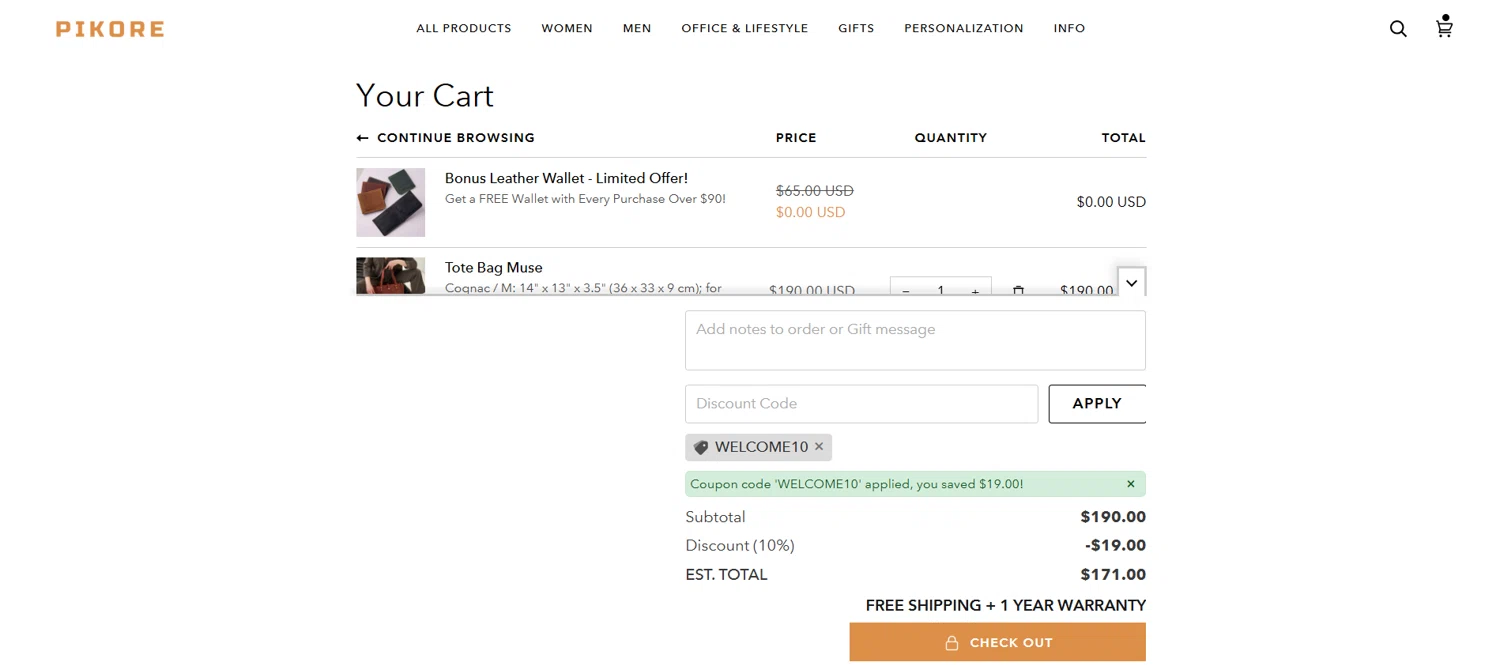 Pikore promo code screenshot showing code WELCOME10 applied at Pikore checkout page. Uploaded by SimplyCodes community member Emmanuelyayajuu on Jul 18, 2025