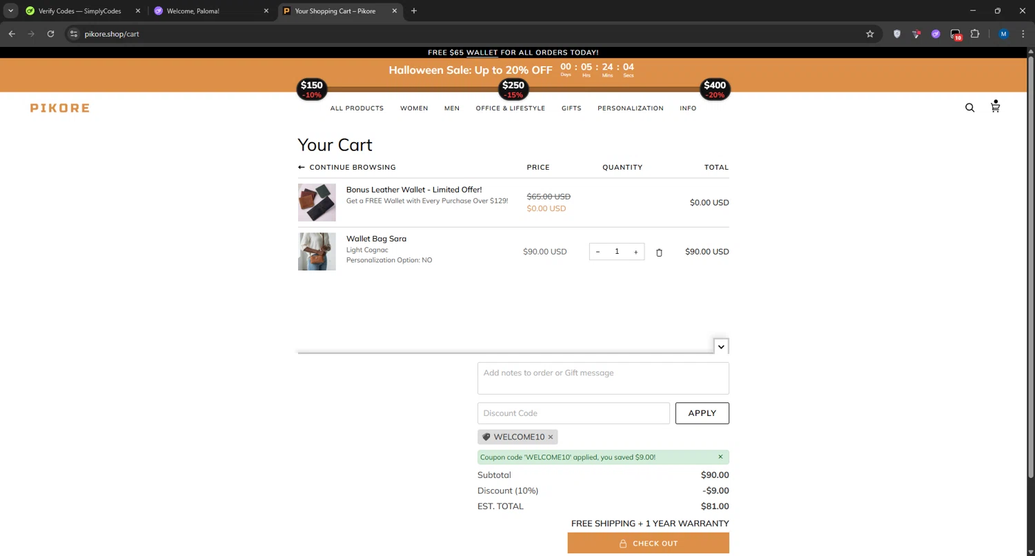 Pikore promo code screenshot showing code WELCOME10 applied at Pikore checkout page. Uploaded by SimplyCodes community member manuelchirinos2 on Nov 1, 2025