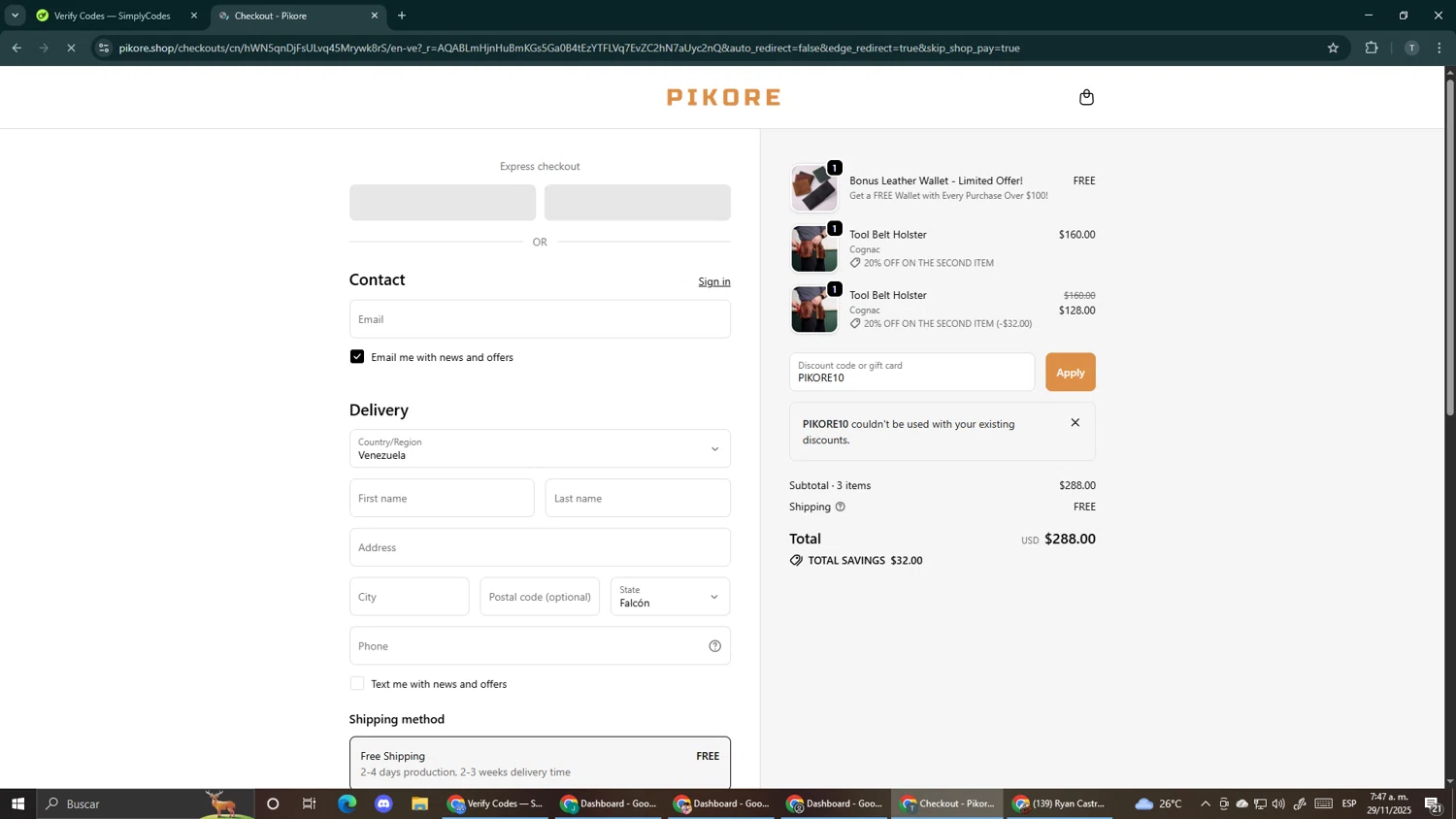 Pikore promo code screenshot showing code PIKORE10 applied at Pikore checkout page. Uploaded by SimplyCodes community member Makemusic on Nov 29, 2025