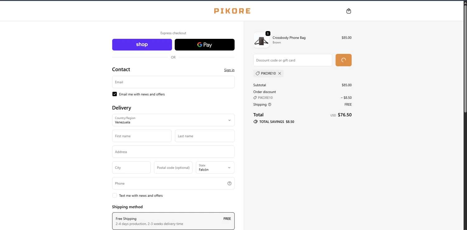 Pikore promo code screenshot showing code PIKORE10 applied at Pikore checkout page. Uploaded by SimplyCodes community member ScanSpotter1700 on Oct 27, 2025
