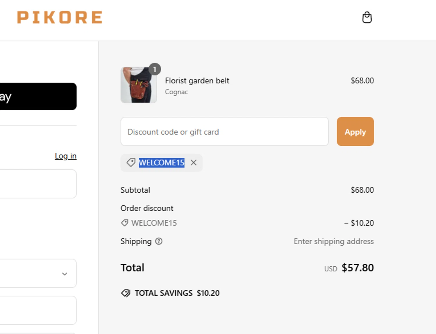 Pikore promo code screenshot showing code WELCOME15 applied at Pikore checkout page. Uploaded by SimplyCodes community member salemigajera on Mar 12, 2025