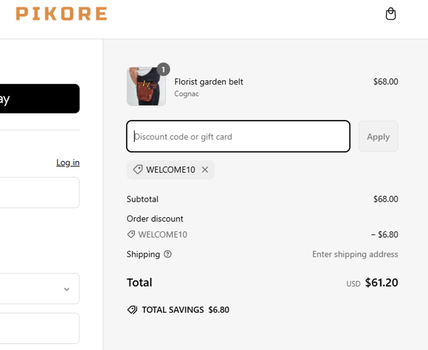 Pikore promo code screenshot showing code WELCOME10 applied at Pikore checkout page. Uploaded by SimplyCodes community member aumentadax10 on Mar 12, 2025