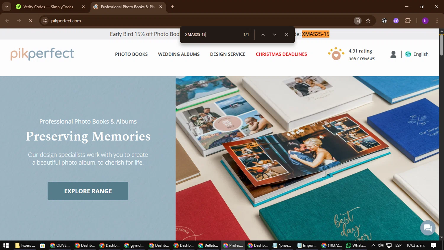 PikPerfect promo code screenshot showing code XMAS25-15 applied at PikPerfect checkout page. Uploaded by SimplyCodes community member NATAAAAAANAELCANO on Oct 23, 2025