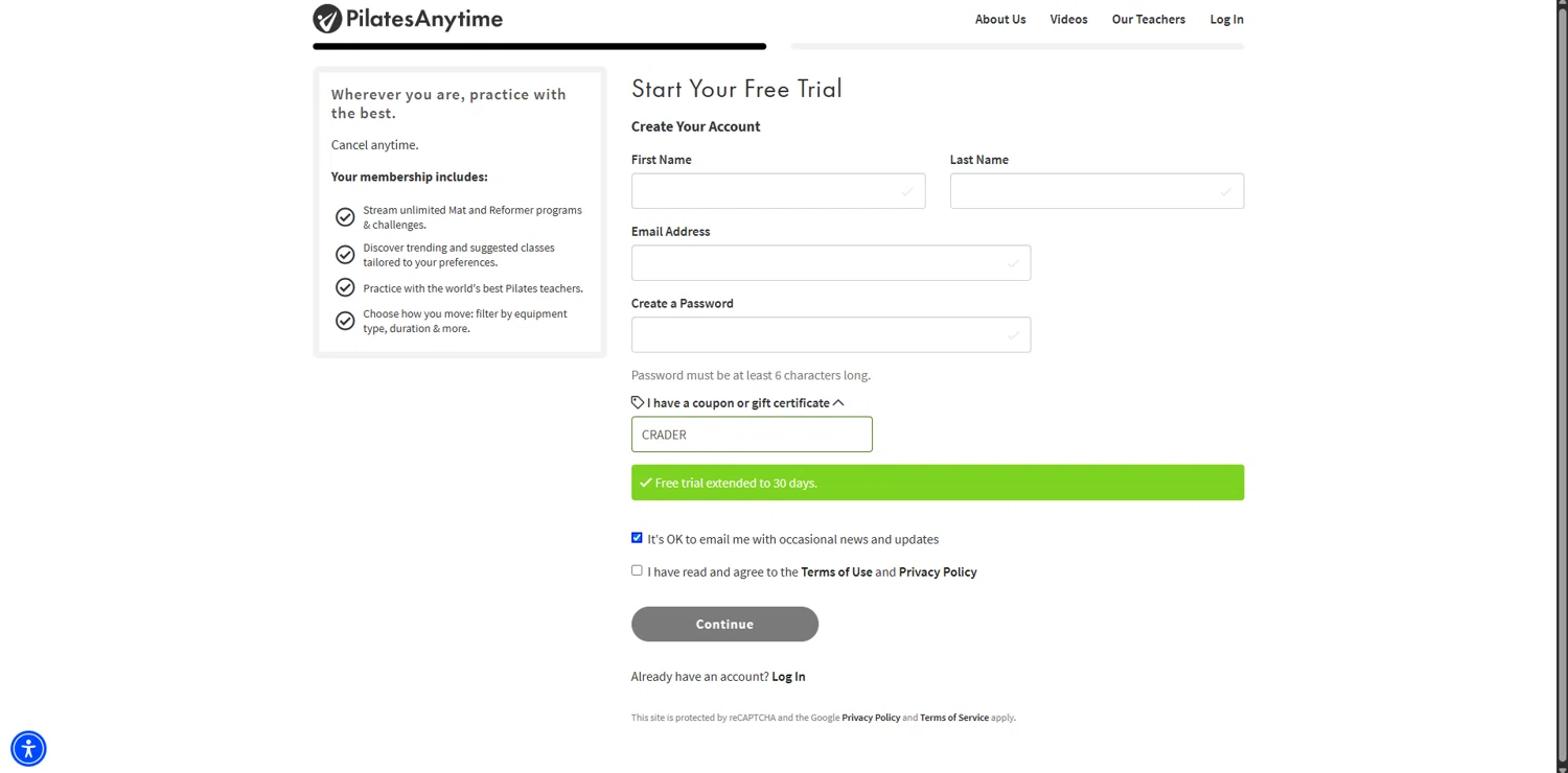 Pilates Anytime checkout page showing Pilates Anytime promo code box | Screenshot taken by SimplyCodes community member on Nov 13, 2025