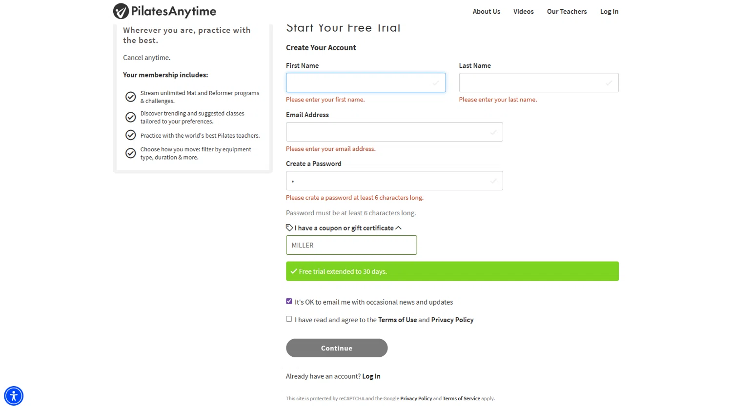 Pilates Anytime promo code screenshot showing code MILLER applied at Pilates Anytime checkout page. Uploaded by SimplyCodes community member ELEVEN on Nov 13, 2025