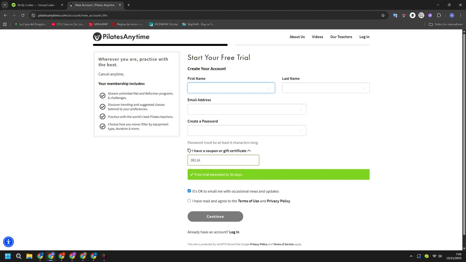 Pilates Anytime checkout page showing Pilates Anytime promo code box | Screenshot taken by SimplyCodes community member on Nov 13, 2025