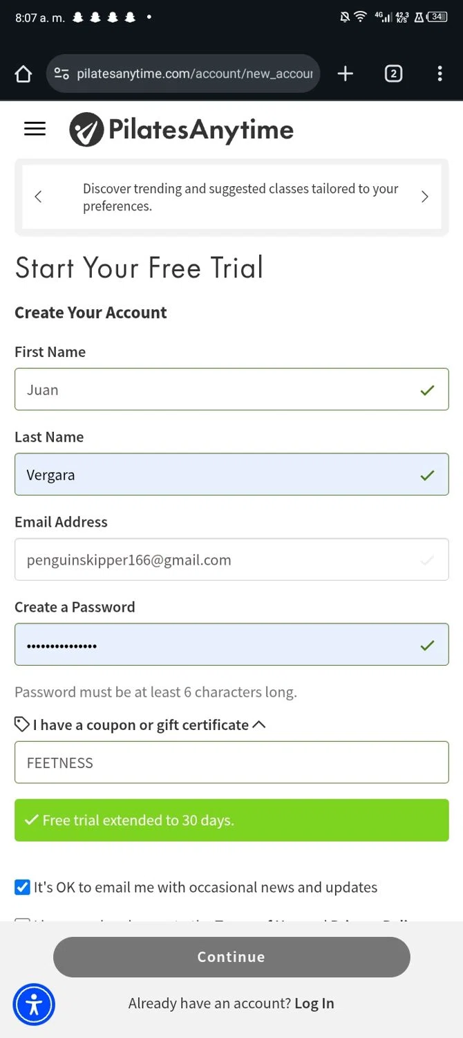 Pilates Anytime promo code screenshot showing code FEETNESS applied at Pilates Anytime checkout page. Uploaded by SimplyCodes community member Sasuk3 on Nov 14, 2025