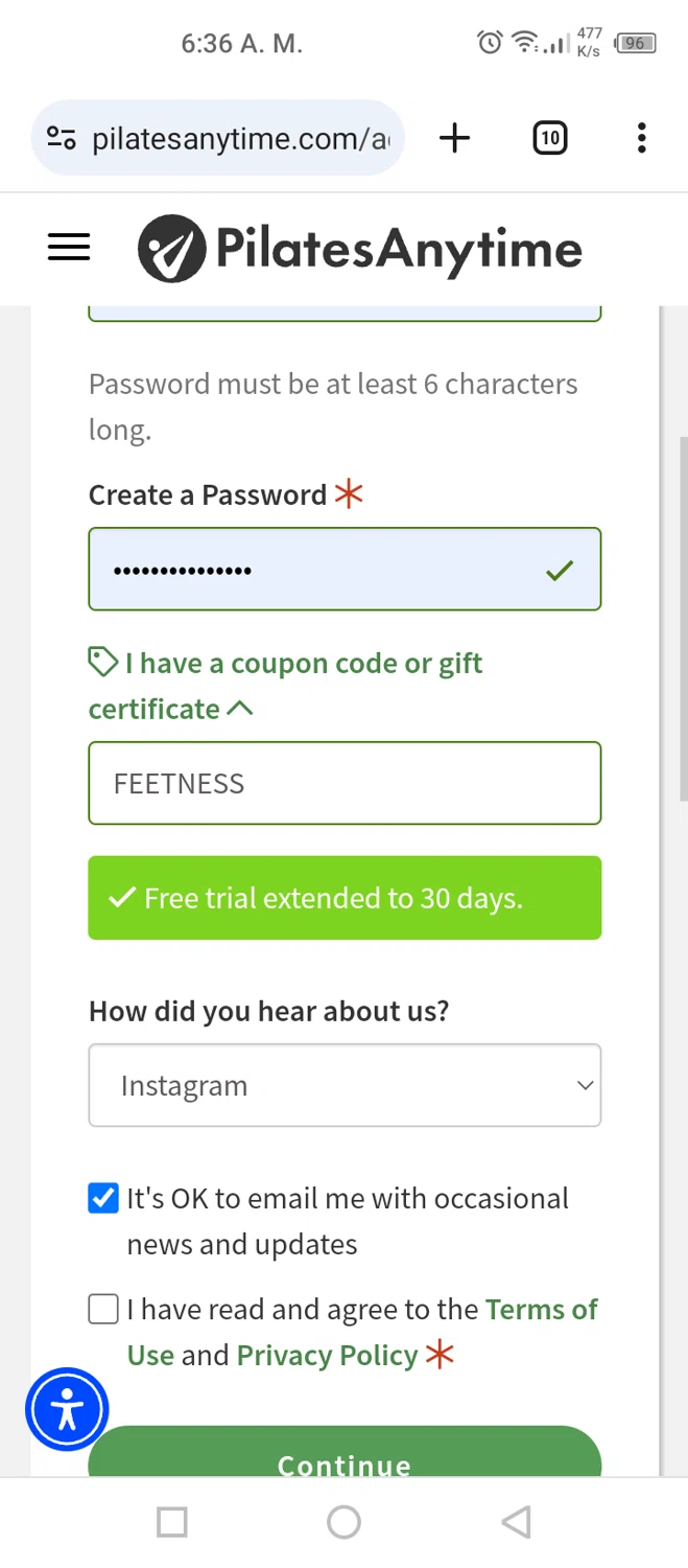 where to use Pilates Anytime promo code box