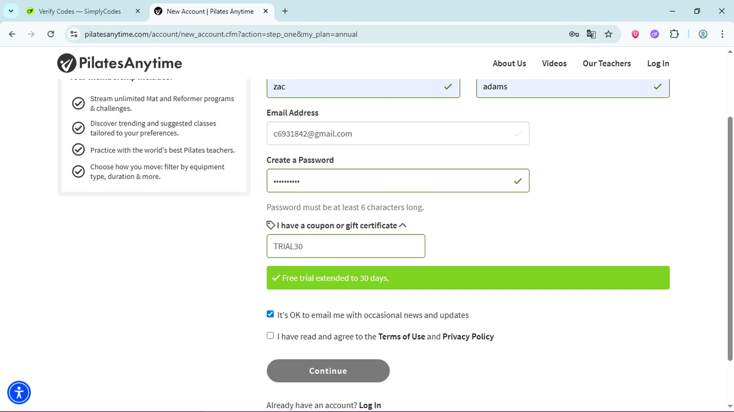Pilates Anytime promo code screenshot showing code TRIAL30 applied at Pilates Anytime checkout page. Uploaded by SimplyCodes community member Simpsince95 on Jun 24, 2025