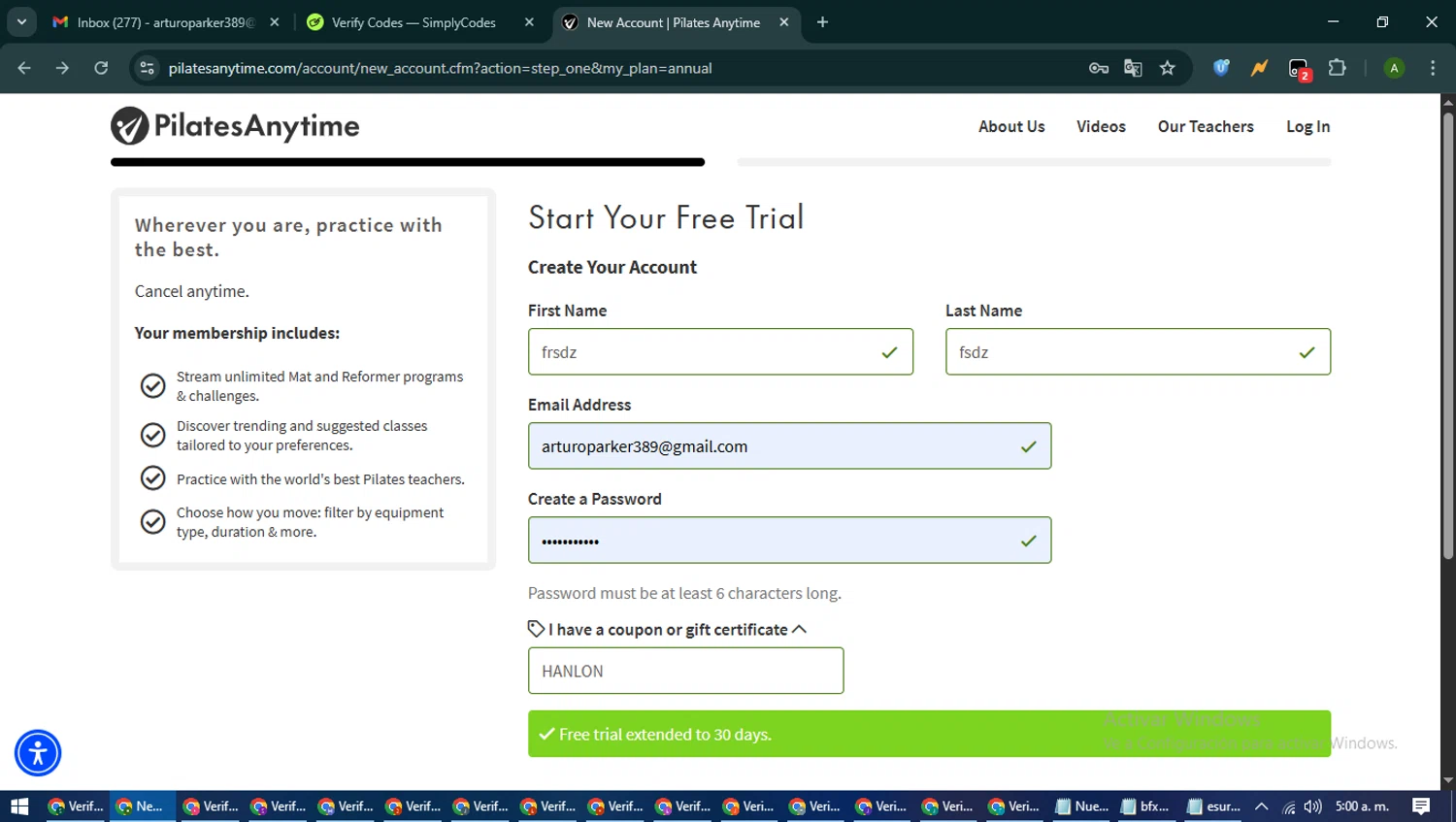 Pilates Anytime promo code screenshot showing code HANLON applied at Pilates Anytime checkout page. Uploaded by SimplyCodes community member CashLynx5338 on Jun 24, 2025