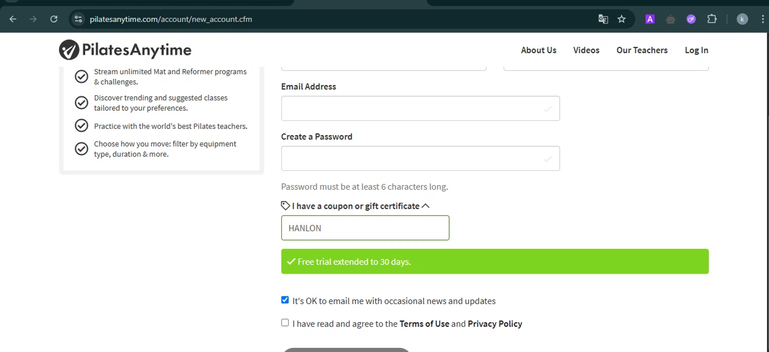 Pilates Anytime promo code screenshot showing code HANLON applied at Pilates Anytime checkout page. Uploaded by SimplyCodes community member FortunateMaven6799 on May 3, 2025
