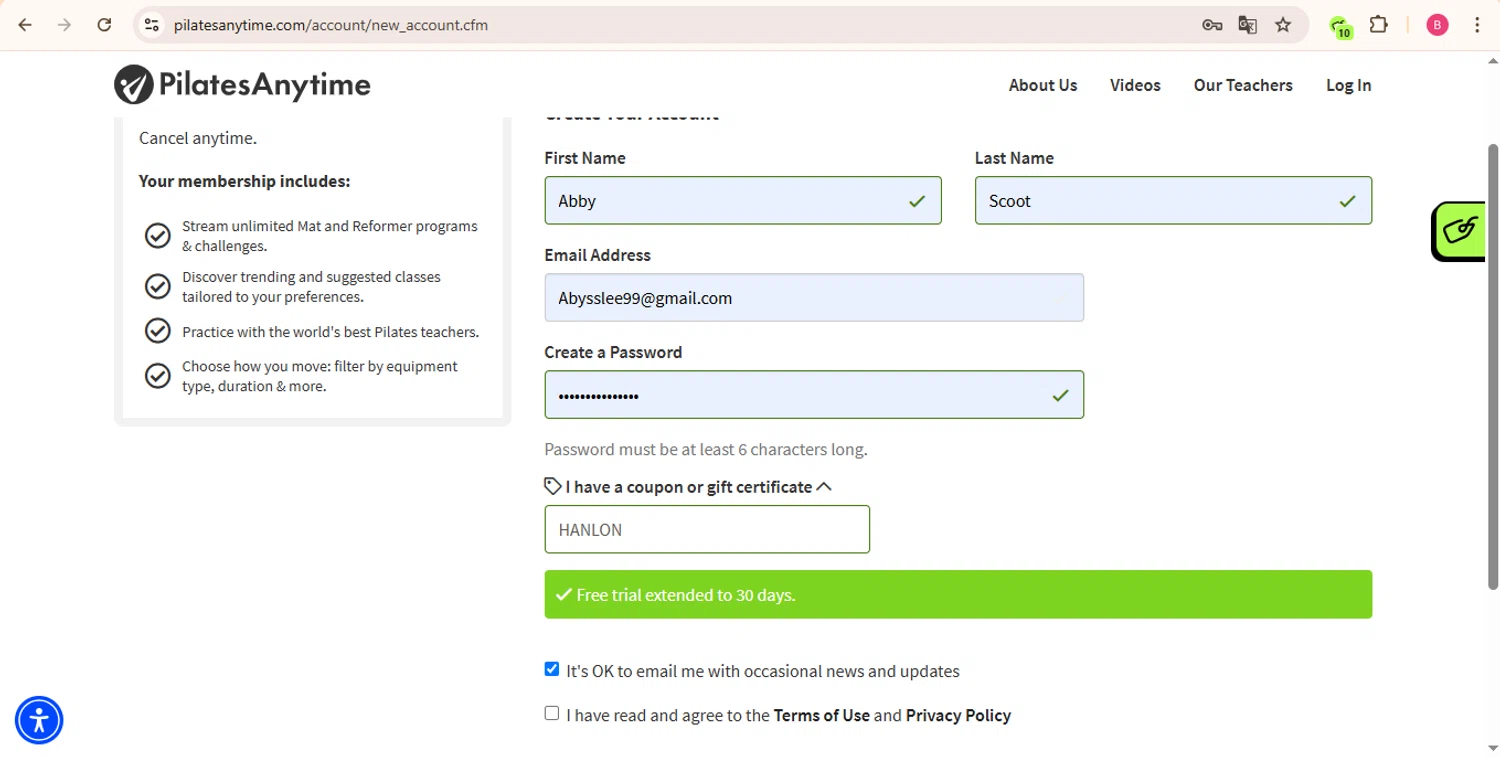 Pilates Anytime promo code screenshot showing code HANLON applied at Pilates Anytime checkout page. Uploaded by SimplyCodes community member LuckyPhoenix2144 on Apr 4, 2025