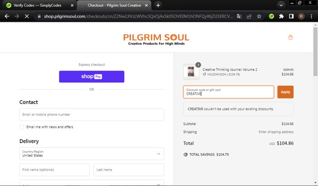 Pilgrim Soul checkout page showing Pilgrim Soul discount code box | Screenshot taken by SimplyCodes community member on Feb 17, 2025