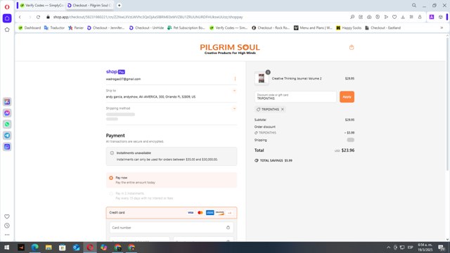 Pilgrim Soul checkout page showing Pilgrim Soul discount code box | Screenshot taken by SimplyCodes community member on Mar 19, 2025