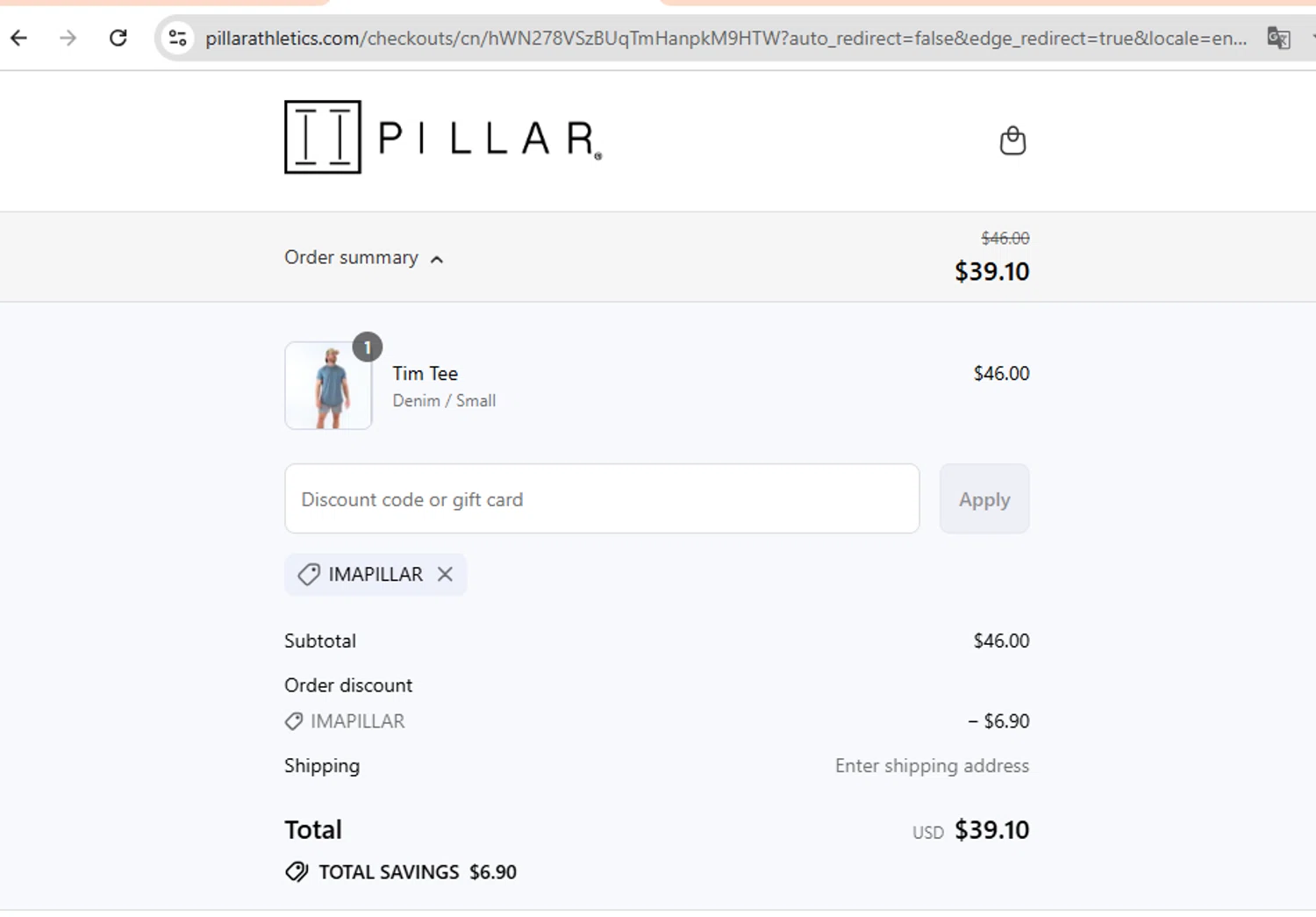 Pillar Athletics promo code screenshot showing code imapillar applied at Pillar Athletics checkout page. Uploaded by SimplyCodes community member TokenScout7028 on Aug 23, 2025
