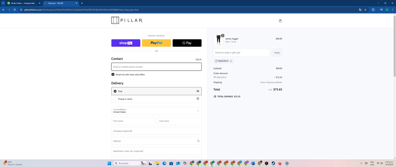 Pillar Athletics promo code screenshot showing code Mason15 applied at Pillar Athletics checkout page. Uploaded by SimplyCodes community member FrugalExpert8809 on Mar 3, 2025