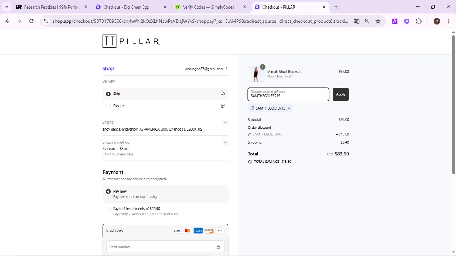 Pillar Athletics promo code screenshot showing code SAMTHEGOLFER15 applied at Pillar Athletics checkout page. Uploaded by SimplyCodes community member QuestPhoenix2794 on Sep 8, 2025