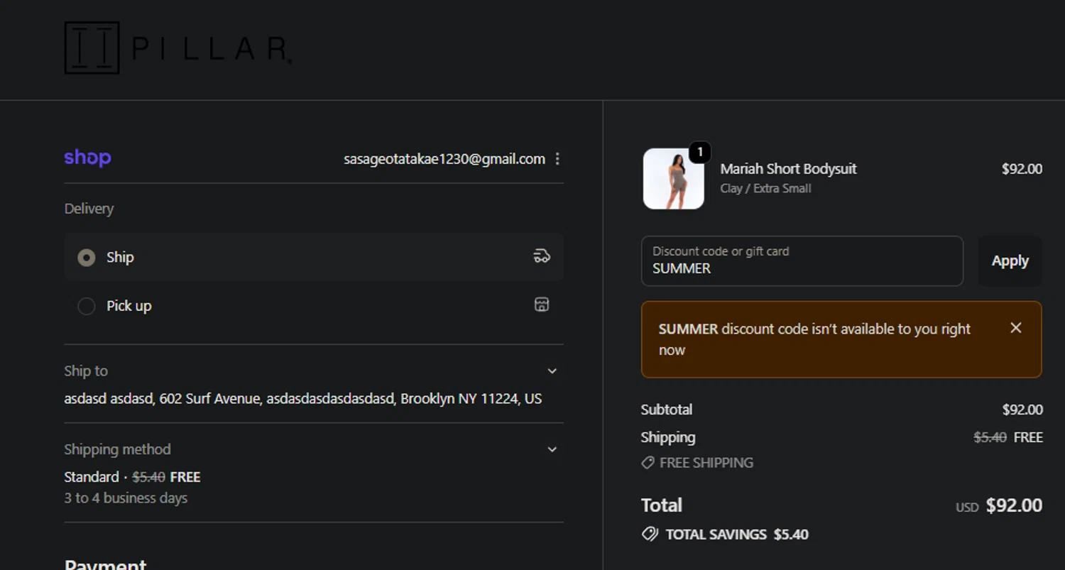 Pillar Athletics promo code screenshot showing code SUMMER applied at Pillar Athletics checkout page. Uploaded by SimplyCodes community member PedroNavaja on Oct 23, 2025