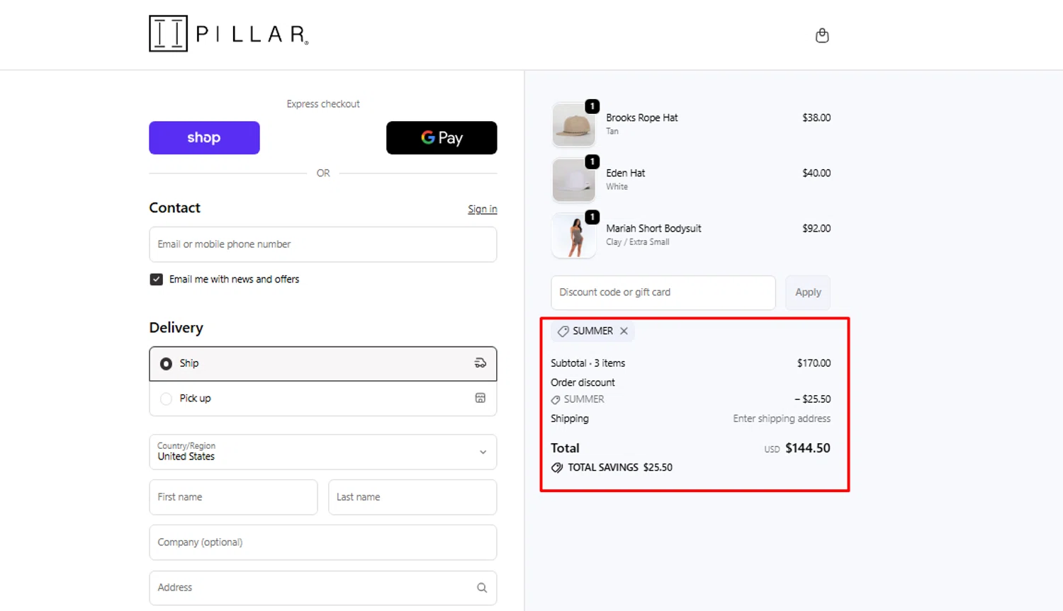 Pillar Athletics promo code screenshot showing code SUMMER applied at Pillar Athletics checkout page. Uploaded by SimplyCodes community member kaneky on Oct 27, 2025
