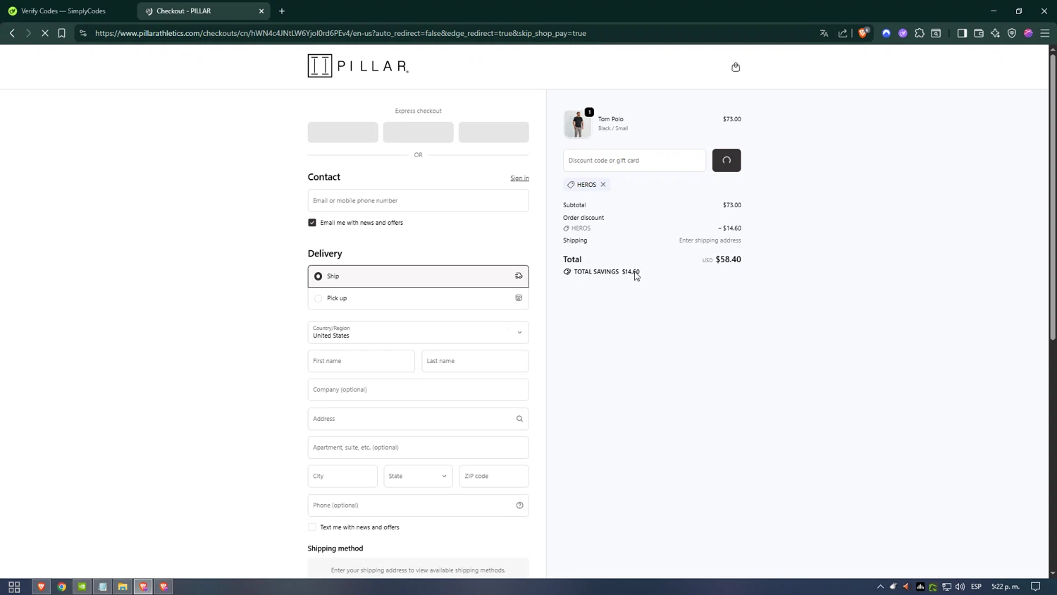 Pillar Athletics promo code screenshot showing code HEROs applied at Pillar Athletics checkout page. Uploaded by SimplyCodes community member Doomslayer on Oct 27, 2025