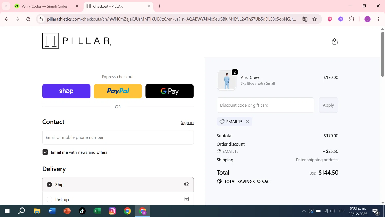 Pillar Athletics checkout page showing Pillar Athletics promo code box | Screenshot taken by SimplyCodes community member on Dec 24, 2025