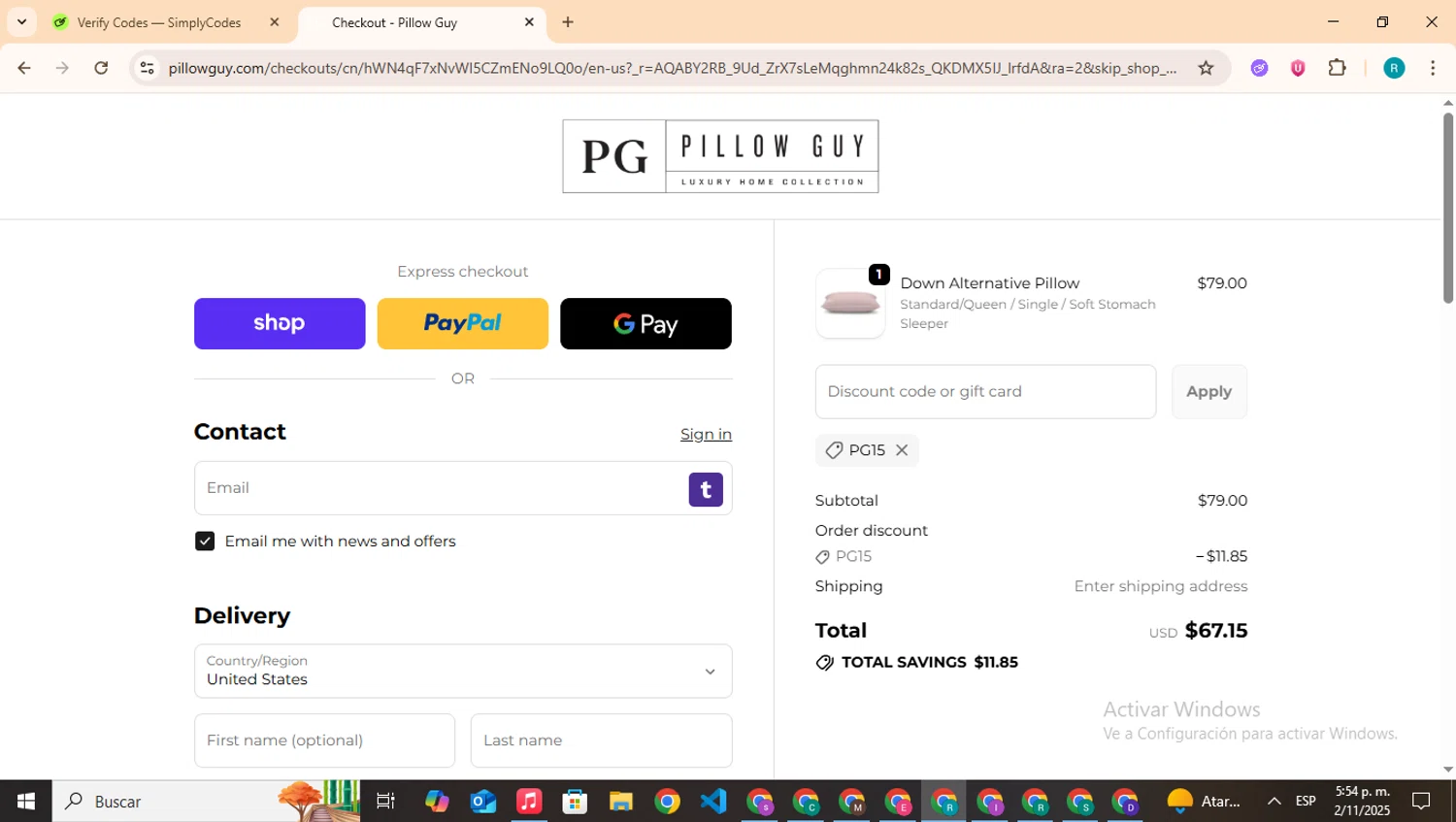 Pillow Guy coupon code screenshot showing code PG15 applied at Pillow Guy checkout page. Uploaded by SimplyCodes community member BudgetHero4407 on Nov 2, 2025