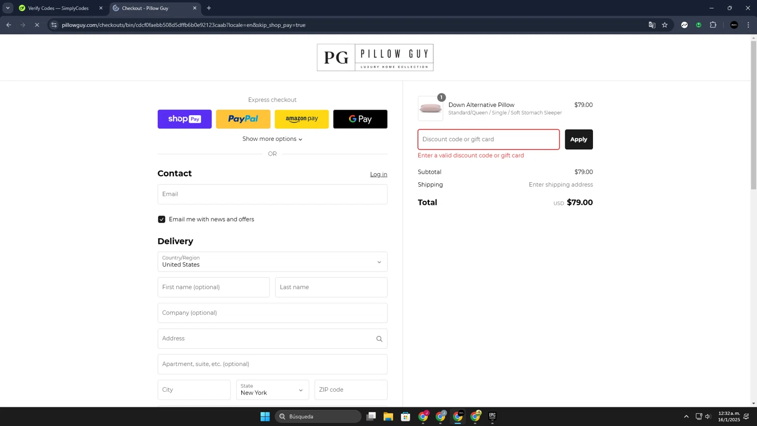Pillow Guy coupon code screenshot showing code PG25 applied at Pillow Guy checkout page. Uploaded by SimplyCodes community member JoseLocoHugo on Jan 16, 2025