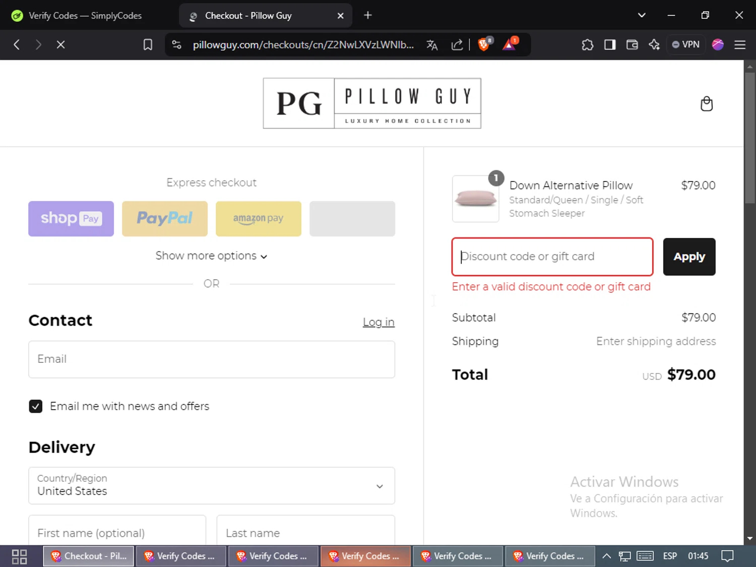 Pillow Guy coupon code screenshot showing code PG25 applied at Pillow Guy checkout page. Uploaded by SimplyCodes community member MoneyEagle4780 on Jan 16, 2025