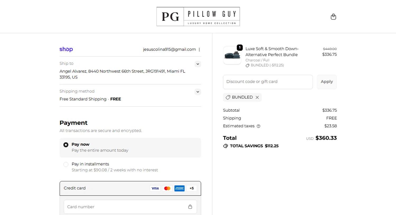 Pillow Guy coupon code screenshot showing code BUNDLED applied at Pillow Guy checkout page. Uploaded by SimplyCodes community member Camila on Nov 20, 2025