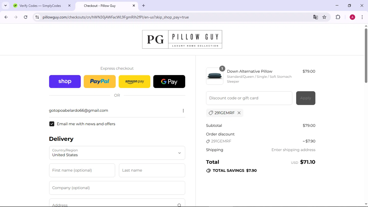 Pillow Guy coupon code screenshot showing code 291GEMRF applied at Pillow Guy checkout page. Uploaded by SimplyCodes community member BMWGS1200 on Sep 15, 2025