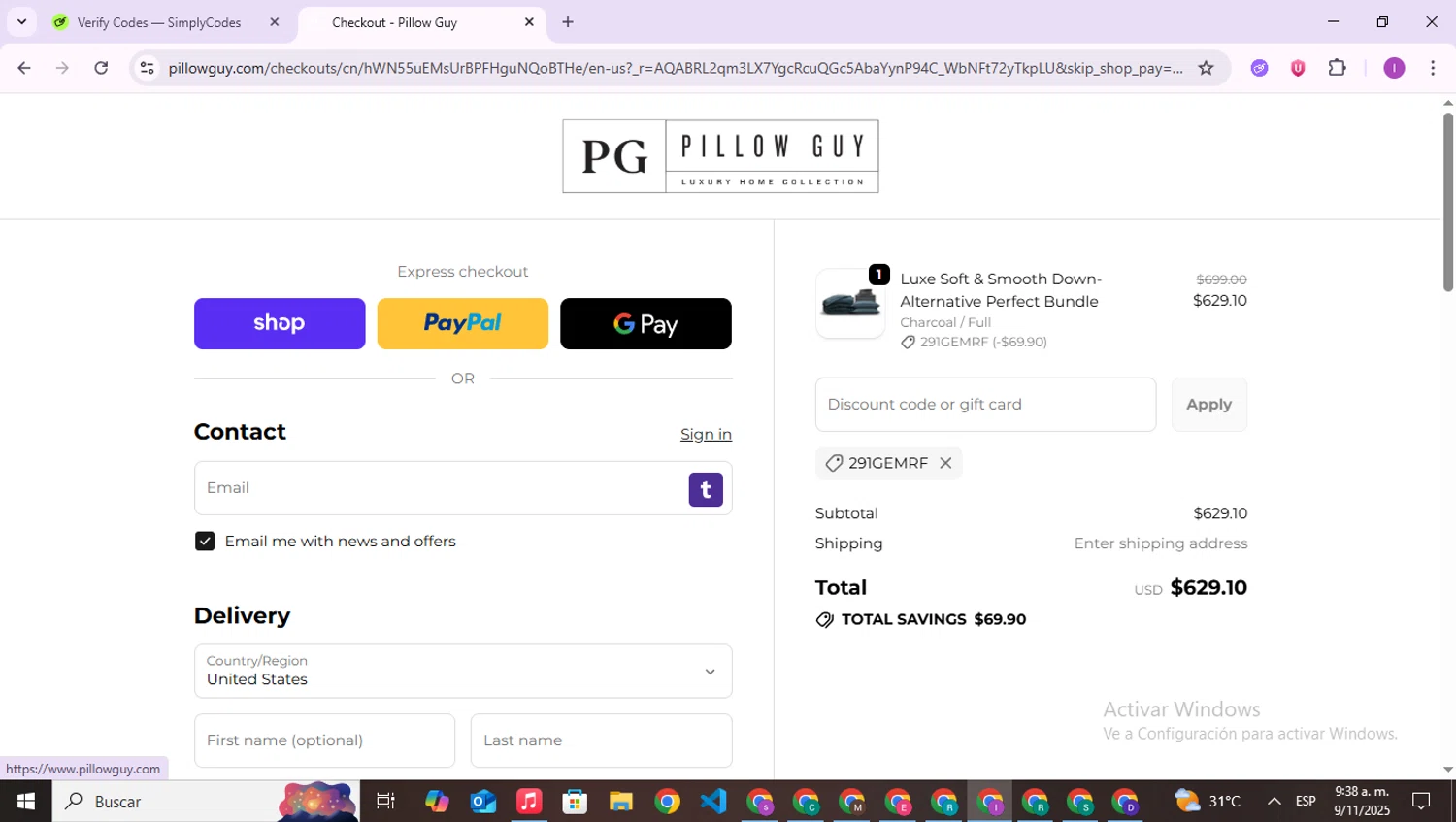 Pillow Guy coupon code screenshot showing code 291GEMRF applied at Pillow Guy checkout page. Uploaded by SimplyCodes community member RebateAce6764 on Nov 9, 2025