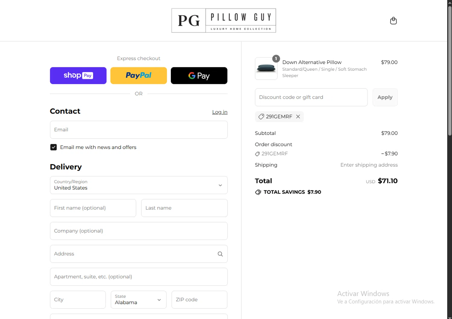 Pillow Guy coupon code screenshot showing code 291GEMRF applied at Pillow Guy checkout page. Uploaded by SimplyCodes community member SavvyLynx6076 on Jul 22, 2025