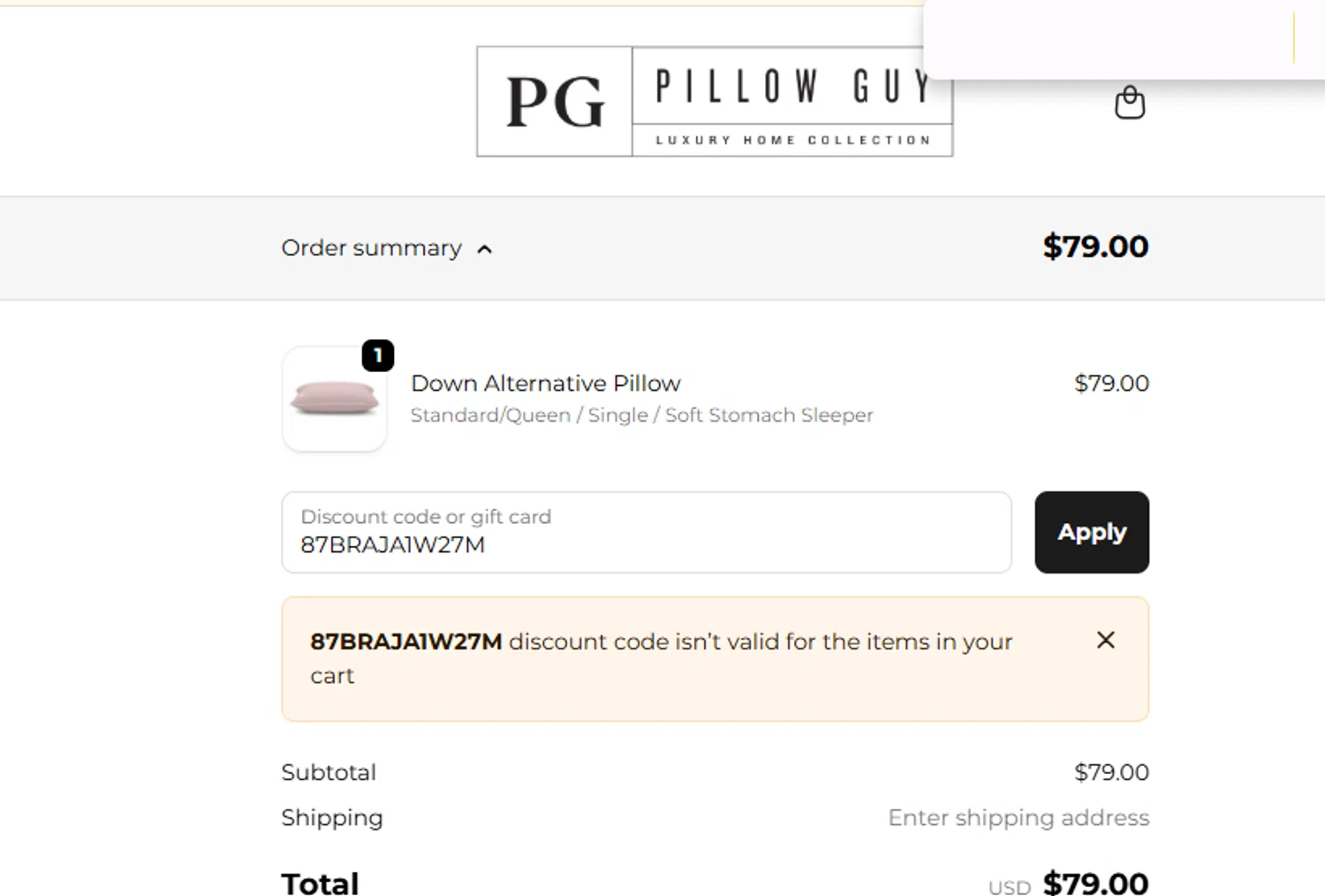 Pillow Guy coupon code screenshot showing code 87BRAJA1W27M applied at Pillow Guy checkout page. Uploaded by SimplyCodes community member ashe1986 on Dec 2, 2025