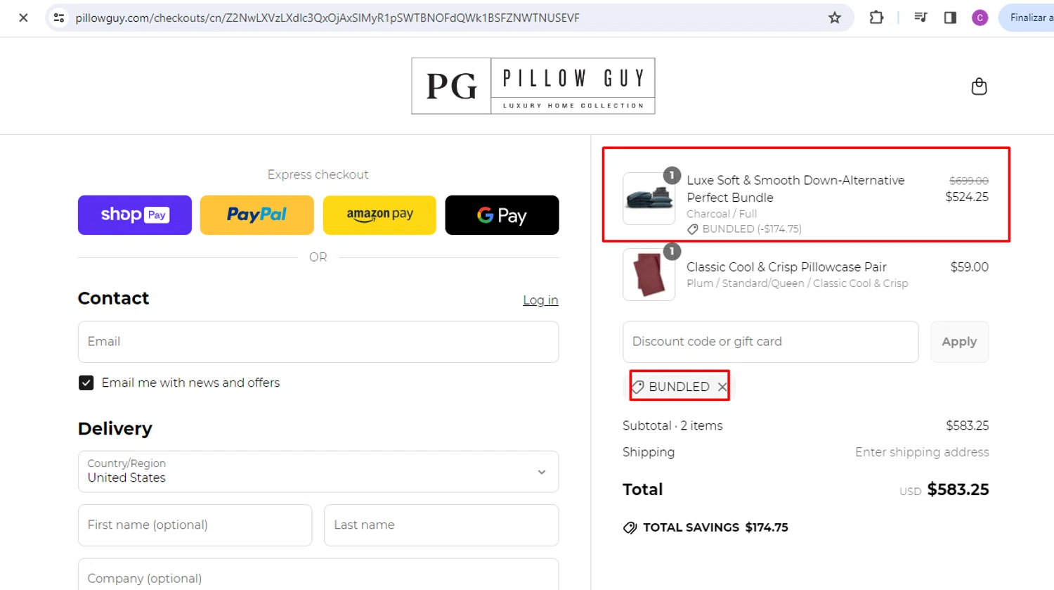 Pillow Guy coupon code screenshot showing code BUNDLED applied at Pillow Guy checkout page. Uploaded by SimplyCodes community member nileskamarcano on Apr 17, 2025