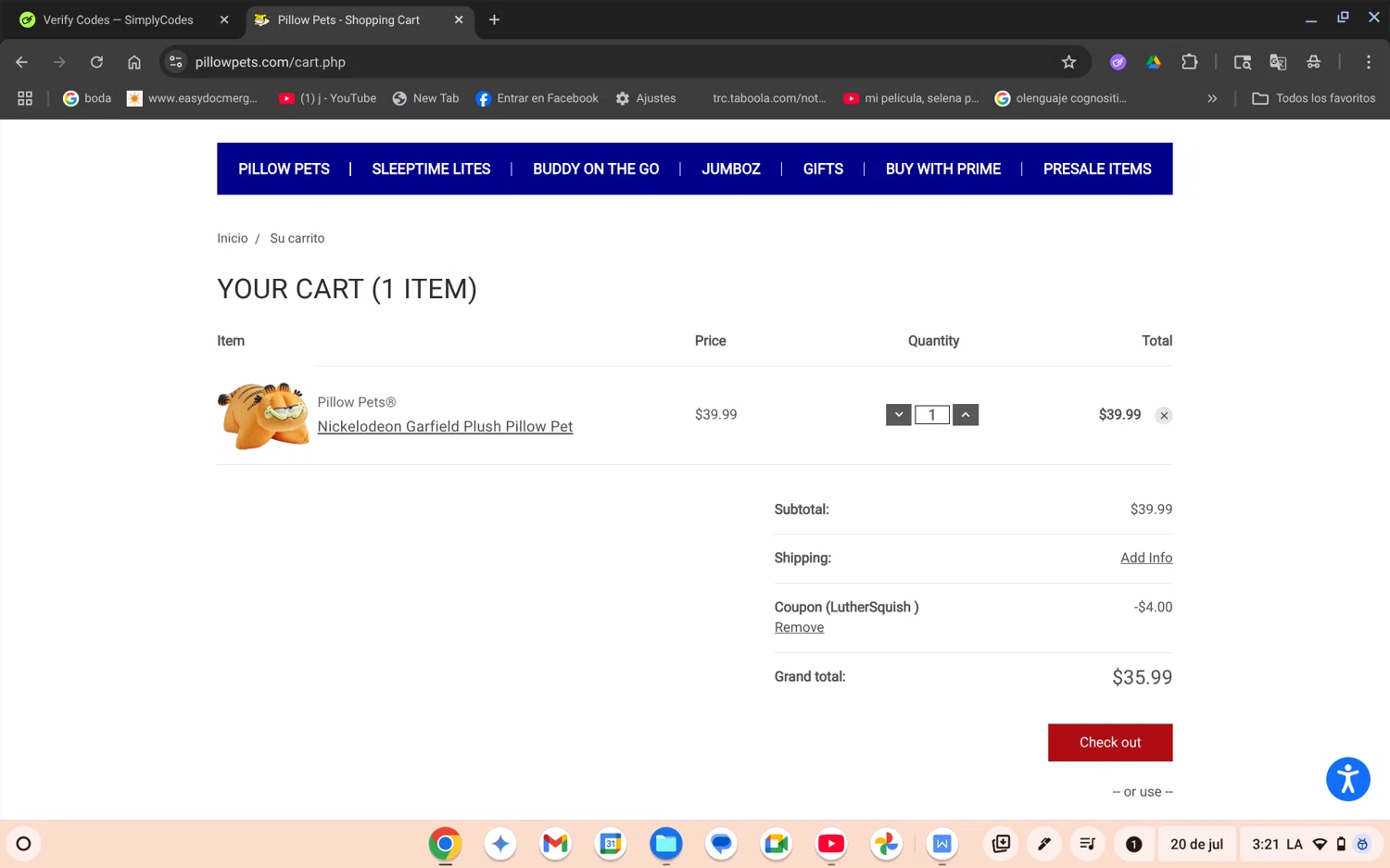 Pillow Pets discount code screenshot showing code LUTHERSQUISH applied at Pillow Pets checkout page. Uploaded by SimplyCodes community member TreasurePro466 on Jul 20, 2025