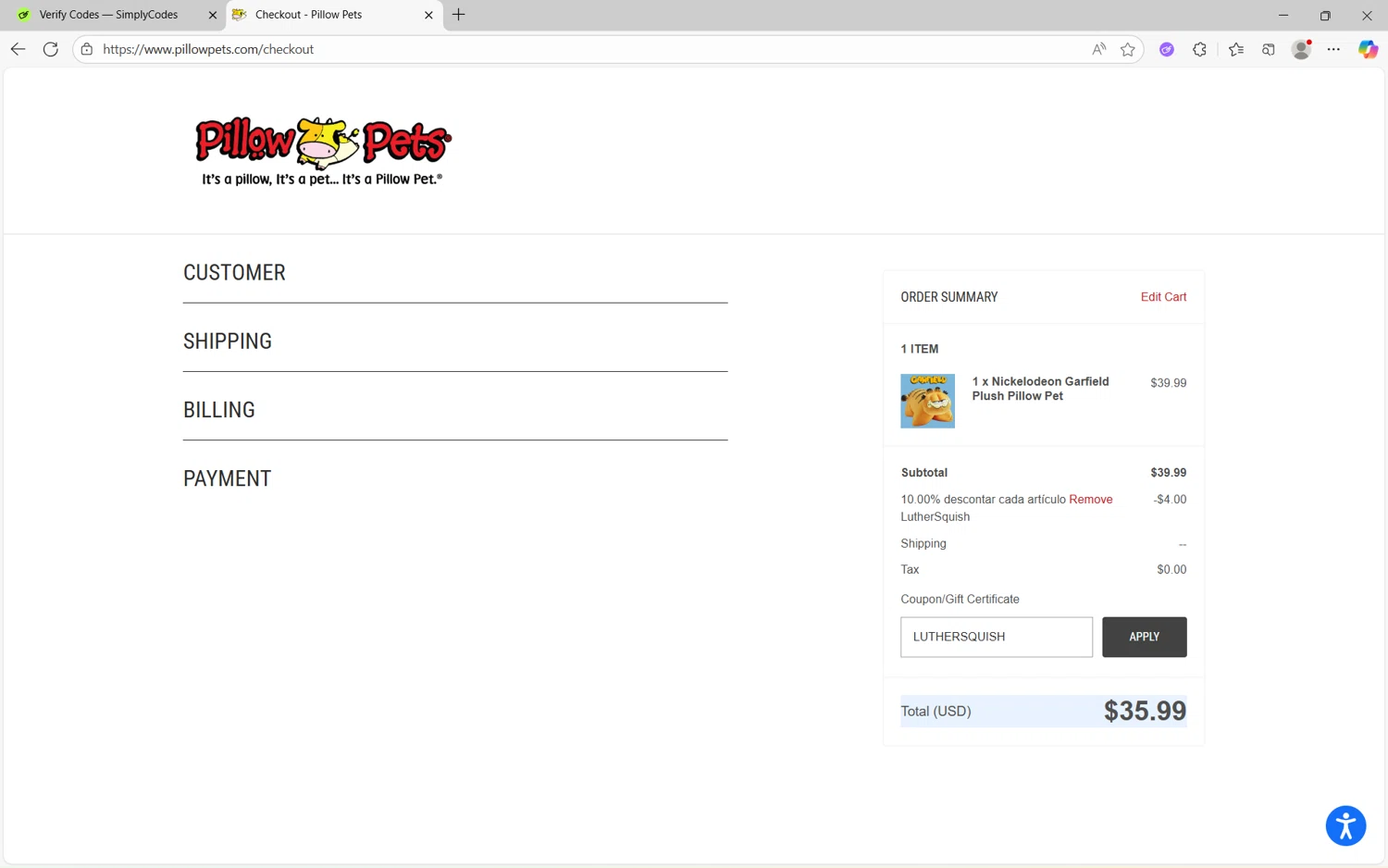 Pillow Pets discount code screenshot showing code LUTHERSQUISH applied at Pillow Pets checkout page. Uploaded by SimplyCodes community member juan1702 on Sep 16, 2025