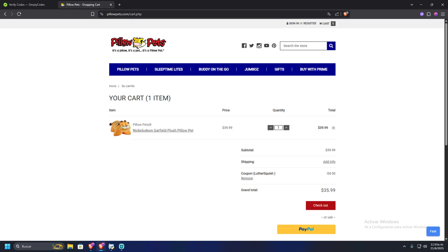Pillow Pets discount code screenshot showing code LUTHERSQUISH applied at Pillow Pets checkout page. Uploaded by SimplyCodes community member HUMANIZER on Jun 21, 2025