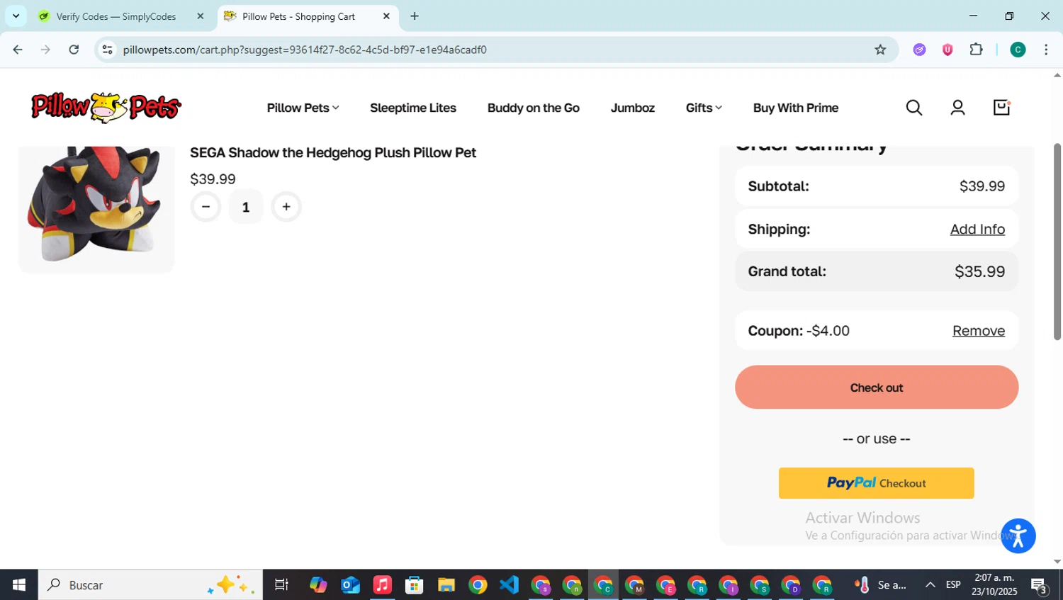 Pillow Pets discount code screenshot showing code NERDKEENE applied at Pillow Pets checkout page. Uploaded by SimplyCodes community member BonusPilot927 on Oct 23, 2025