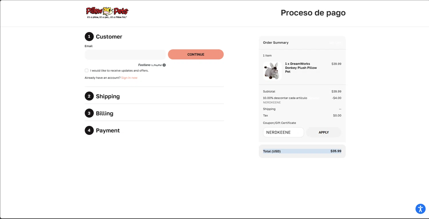 Pillow Pets discount code screenshot showing code NERDKEENE applied at Pillow Pets checkout page. Uploaded by SimplyCodes community member CouponFalcon9871 on Oct 23, 2025