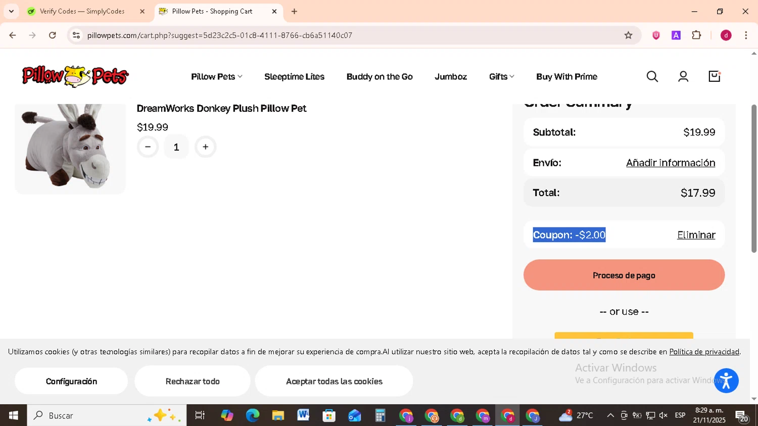 Pillow Pets discount code screenshot showing code NERDKEENE applied at Pillow Pets checkout page. Uploaded by SimplyCodes community member FrugalMonarch7277 on Nov 21, 2025