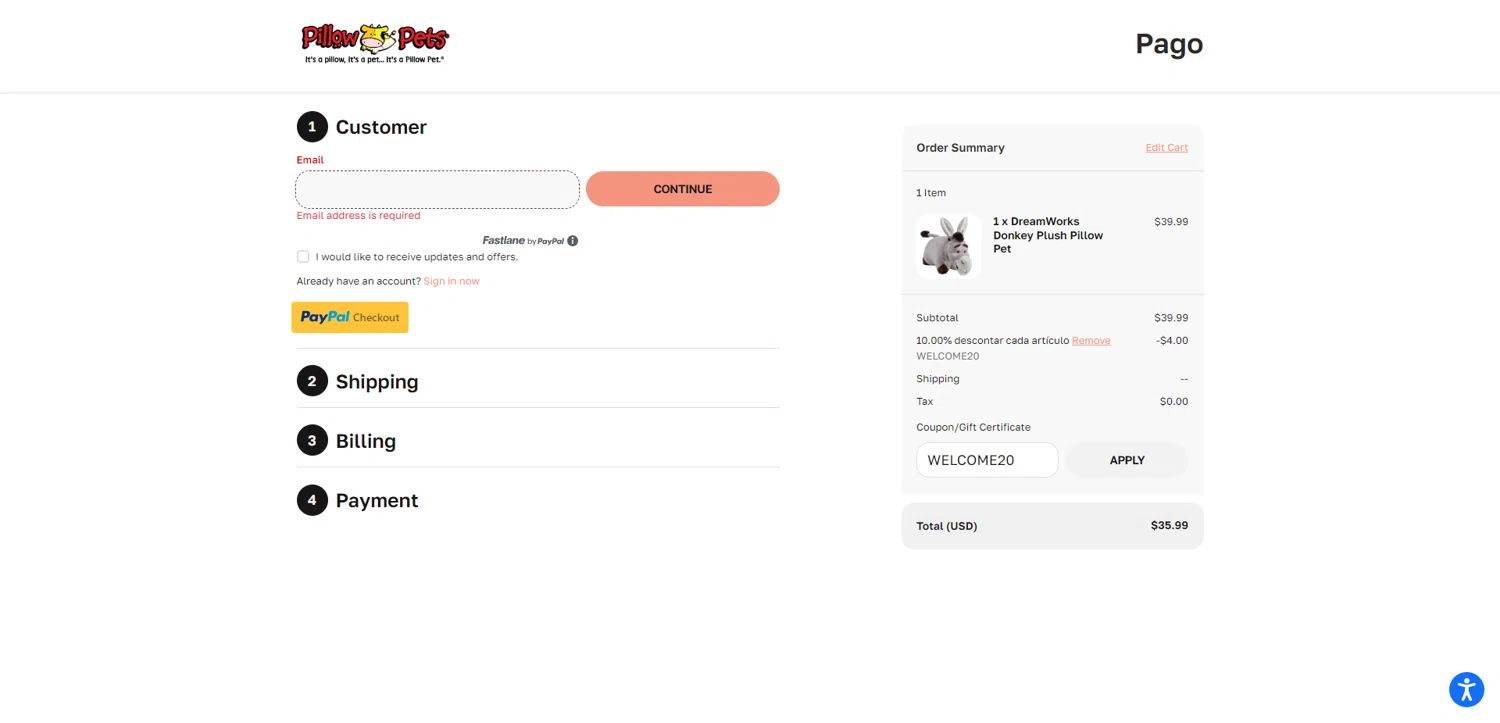 Pillow Pets discount code screenshot showing code WELCOME20 applied at Pillow Pets checkout page. Uploaded by SimplyCodes community member NobleMaestro6498 on Dec 15, 2025